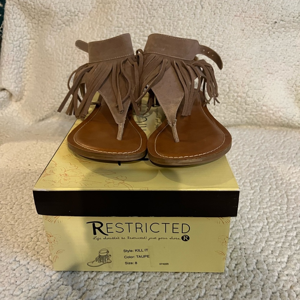 Restricted Taupe Fringe Sandals